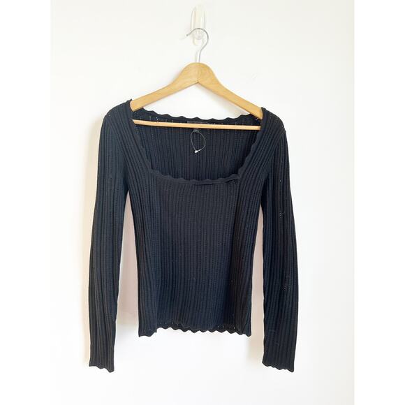 J.Crew Black Scalloped 100% merino wool pointelle sweater NWOT SMALL - Picture 1 of 5